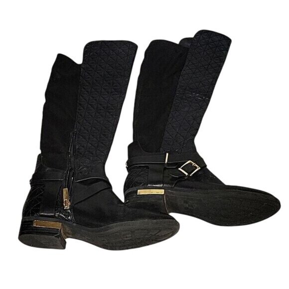 VINCE CAMUTO Black‎ Quilted Knee-High Boots With Gold Accents & Side Zippers 7.5 - Picture 1 of 9